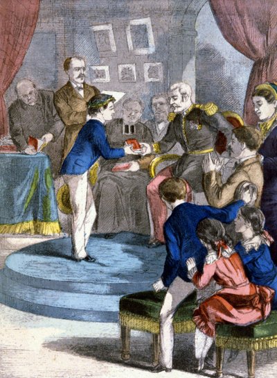 La distribución de premios en la escuela pública, ca. 1885 (impresión) de Unbekannter Künstler