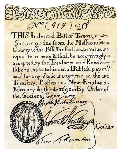 El primer papel americano (billete de banco) por valor de 20 chelines, emitido por el Tribunal General de la Colonia de Boston (Massachusett, EE.UU.) en 1690. Colores del grabado siglo XIX. de Unbekannter Künstler