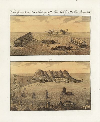 Las baterías flotantes del ejército británico en Gibraltar en 1782. Una barcaza de 210 cañones en dos niveles y otra de un solo nivel diseñadas por el ingeniero francés de Arcon para bombardear la ciudad. Las baterías flotantes de la armada británica en Gi de Unbekannter Künstler