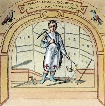 El fossor o cavador de tumbas Diógenes como pintura mural en la iglesia de San Marcelino en la Vía Labicana de Roma, Italia, años veinte. de Unbekannter Künstler