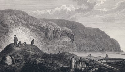 Los habitantes de Oonalashka (o Unalaska, Alaska, Estados Unidos) y sus hogares. Grabado de finales del siglo XVIII, según John Webber (1751-1793). de Unbekannter Künstler