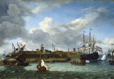 La isla de Onrust, frente a las costas de Batavia (actual Yakarta, Indonesia), dotada de todas las infraestructuras necesarias para las actividades comerciales y el mantenimiento de los navíos de la Compañía Holandesa de las Indias Orientales. de Unbekannter Künstler