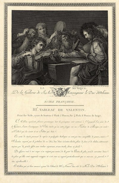 La música. Grabado de la galería de Su Excelencia el Duque de Orleans según un cuadro del pintor Le Valentin. de Unbekannter Künstler