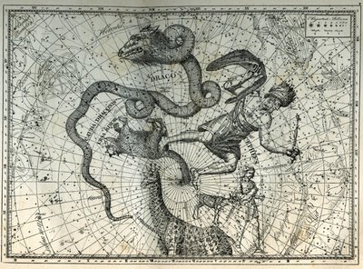 Las constelaciones cercanas al Polo Norte: Osa Menor, Dragón, Cefeo, Jirafa, Reno y Messier. Grabado de Les étoiles et les autres curiosités du ciel de Camille Flammarion de Unbekannt