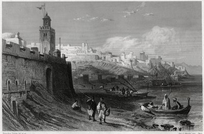 El pintoresco puerto de la ciudad fortificada de Tánger en el siglo XIX, en el libro sobre el Mediterráneo de Louis Enault (1824-1900), periodista y viajero francés. Louis Enault, EL MEDITERRÁNEO SUS ISLAS Y SUS COSTAS, Morizot de Unbekannt