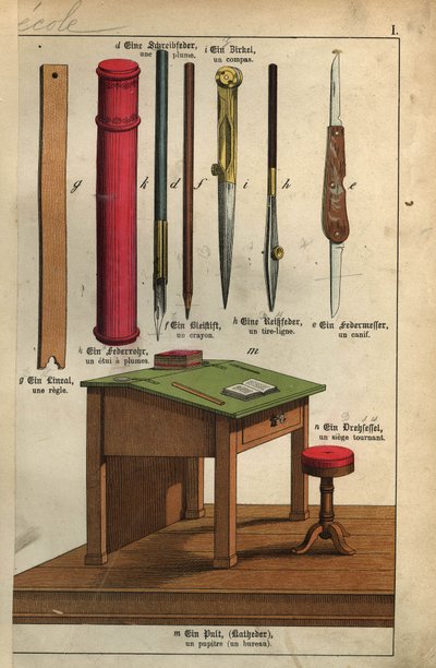 Las herramientas de la escuela: la regla, las plumas y su estuche, el compás, el lápiz y el sacapuntas. Placa de un diccionario infantil franco-alemán de Unbekannt