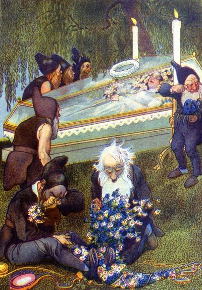 Los siete enanitos llorando a Blancanieves en su ataúd, finales del siglo XIX (ilustración) de Unbekannter Künstler