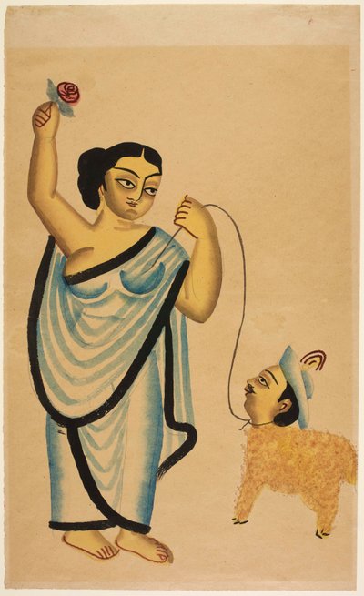 La amante de las ovejas: una cortesana que sostiene una rosa en su mano derecha y conduce una oveja con cabeza humana, c.1865 (tinta y color sobre papel) de Unbekannter Künstler
