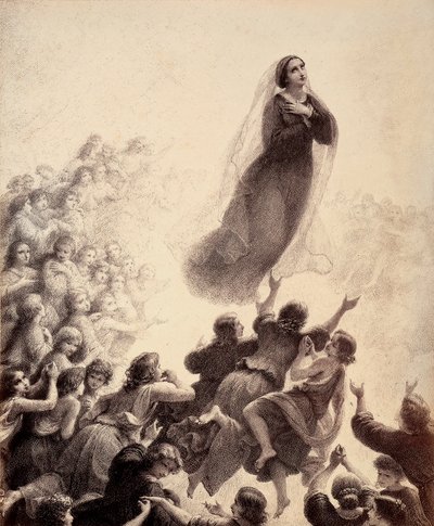 Los espíritus de los bienaventurados, con los brazos extendidos, acompañan con cantos la ascensión de María al Empíreo. Ilustración del Canto XXIII del Paradiso de La Divina Comedia de Dante Alighieri. Obra de Francesco Scaramuzza dedicada al Ayuntamiento  de Unbekannter Künstler