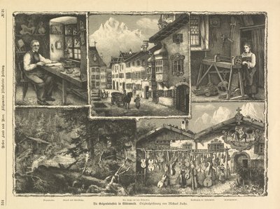 La industria del violín en Mittenwald, Stuttgart 1882 (grabado) de Unbekannter Künstler