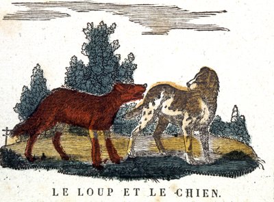 El lobo y el perro, cuento de La Fontaine, principios del siglo XIX (grabado) de Unbekannter Künstler