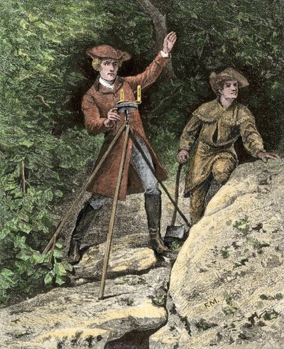 El joven George Washington (1732-1799) trabajando como geómetra en Virginia. Grabado para colorear del siglo XIX. de Unbekannter Künstler