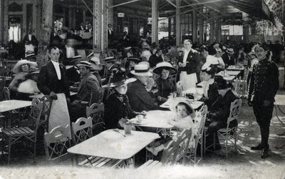 Turismo termal: vista de un restaurante en Vichy y su clientela de curistas, Allier 1905 aprox. (turismo termal: restaurante en Vichy, Francia de Unbekannter Künstler
