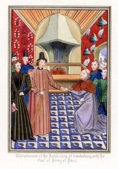 Thomas Arundel (1353-1414), arzobispo de Cantorbery, conoce a Enrique Bolingbroke (Enrique IV de Inglaterra) de Unbekannter Künstler