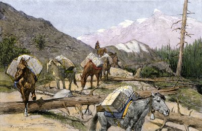 Transporte de provisiones y pieles a caballo en las Montañas Rocosas, EE UU. De una ilustración de Frederic Remington. Tren de carga transportando provisiones o pieles por las Rocosas. de Unbekannter Künstler