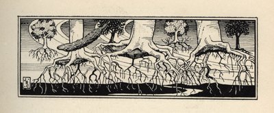 Árboles desarraigados por una tormenta replantan sus raíces en el lugar exacto donde estaban. Ilustración de William Strang (1859-1921) y JB Clark de Las aventuras del Barón de Munchausen (Munchhausen) de Rudolf Erich Raspe (1736-1794) (1789) de Unbekannt