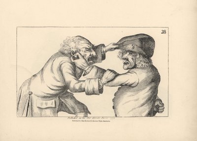Dos rústicos Hal y Dick peleándose por un rumor de infidelidad sobre Doll, la mujer de Hal. Grabado al cobre según una ilustración satírica de Timothy Bobbin (John Collier) (1708-1786) de Human Passions Delineated, John Haywood, Manchester. de Unbekannter Künstler