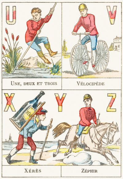 U V X Y Z; U: Una, dos y tres; V: Velocípedo; X: Jerez; Z: Zéfiro - Alfabeto de Juegos, c.1890 (grabado) de Unbekannt