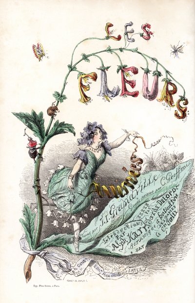 Une fee des fleurs setient sur une feuille et holds un ruban (portada) - Aguafuerte de Charles Geoffroy (1819-1882), a partir de una ilustración de Jean Ignace Isidore Gerard dit J.J.J.Granville (1803-1847), para Les fleurs animees de Unbekannter Künstler