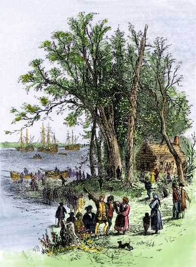 Estados Unidos, Estado de Pensilvania: Desembarco de William (Guillermo) Penn en la colonia de Pensilvania en Filadelfia de Unbekannter Künstler