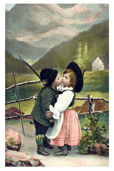Tarjeta de felicitación de San Valentín "Gruess Gott": pareja de niños bávaros dándose un beso de Unbekannter Künstler