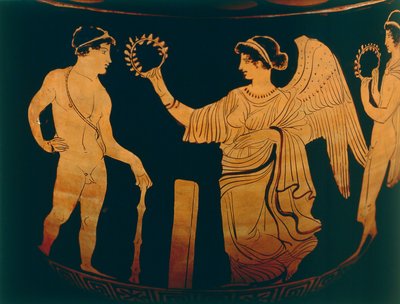 Jarrón, decoración que representa la victoria corona a un atleta con rama de olivo, detalle de Unbekannter Künstler