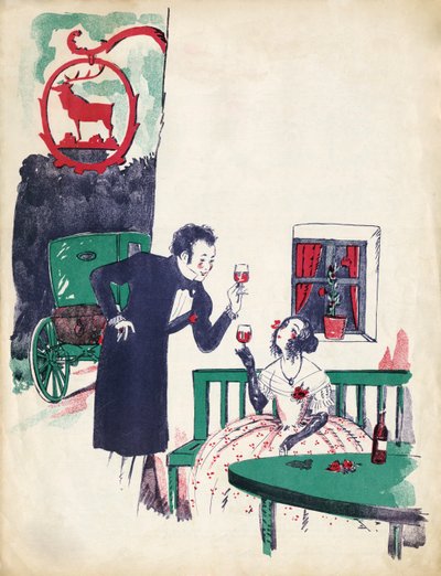 Romance vienés - Pareja de principios del siglo XIX bebiendo vino tinto y brindando en el "Ciervo Rojo". de Unbekannter Künstler