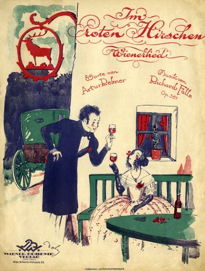 Romance vienés - Pareja de principios del siglo XIX bebiendo vino tinto y brindando en el "Ciervo Rojo". de Unbekannter Künstler
