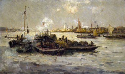 Vista de Limehouse, Inglaterra, con una descripción de la industrialización del Támesis a finales de la era victoriana (finales del siglo XIX) y de remolcadores, cúteres y barcazas; al fondo, la Torre Blanca de San Jorge. de Unbekannter Künstler