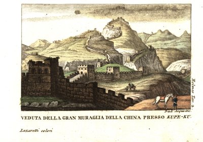 Vista de la Gran Muralla China cerca de Kou-Pee-Keow, en el paso entre China y Tartaria oriental. De Samuel Holmes (siglo XVIII-XIX) Journal of a Voyage to China and Tartary. Grabado al cobre de dell