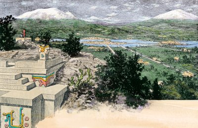 Vista de la ciudad de Tenochtitlan (o México Tenochtitlan), tal como era en la isla situada en el lago Texoco, cuando era la capital del Imperio Azteca, antes de 1521 - Grabado coloreado de Unbekannter Künstler