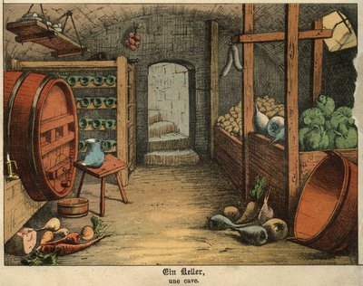Vista del interior de una bodega utilizada para conservar tanto vino como verduras, embutidos. Placa de un diccionario infantil franco-alemán de Unbekannt