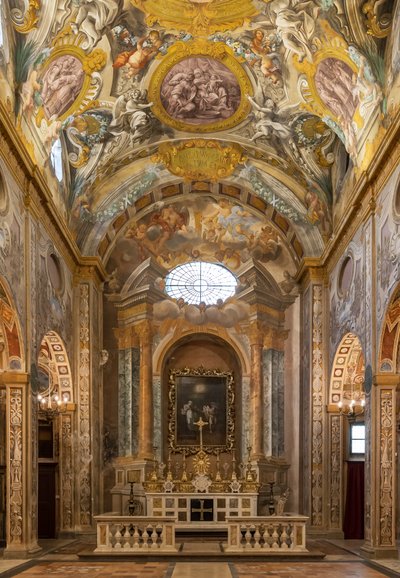 Vista del interior con frescos y el altar mayor, Iglesia de Nunziatina, Todi, Umbría, Italia (foto) de Unbekannter Künstler
