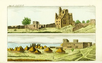 Vista de la mezquita y casas en Sennar, Sudán, y las ruinas de la casa del Rey Funj de Sennar en el Nilo Azul de Unbekannt