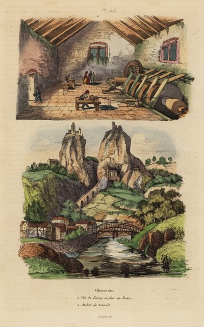 Vista del pueblo, puente e iglesia en el peñasco en Oberstein y vista del molino de pulido de ágata y jaspe de Unbekannt