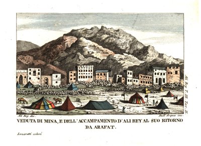Vista del pueblo de Mina, en el desierto de Arafat (Ciudad de las tiendas, La Meca, Arabia Saudí). Ilustración de Ali Bey el Abbassi de sus Viajes por Marruecos, Trípoli, Chipre, Egipto, Arabia, Siria y Turquía, Londres 1816. Grabado al cobre de dell