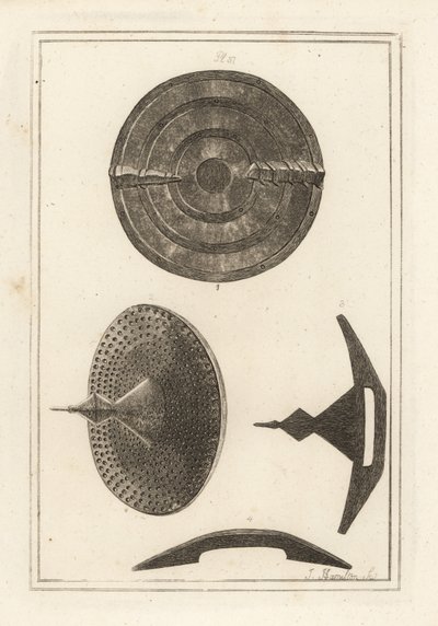 Vistas de un antiguo rondel cóncavo con umbo o espiga hecho de pieles de cuero, placa de hierro y clavos de latón de Unbekannt