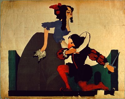 Póster vintage de hombre arrodillado a los pies de una mujer, dibujo de Shakespeare (litografía en color) de Unbekannt
