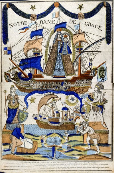 Virgen María como Madonna in Glory (Notre Dame de Grace ) como protectora de marineros y viajeros Paloma del Espíritu Santo sobrevuela el barco en la mitad inferior. Siglo XIX (xilografía francesa) de Unbekannter Künstler