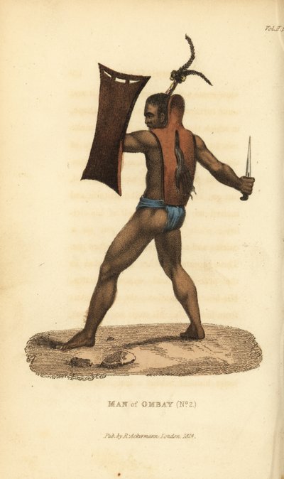 Guerrero de Ombai con armadura, escudo y kris. Lleva el pelo recogido en un penacho. Hombre de la isla de Ombai (Ombay), Indonesia. Grabado en cobre coloreado a mano según una ilustración de Jacques Arago de la obra de Frederic Shoberl El mundo en miniatur de Unbekannter Künstler