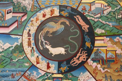 Rueda de la vida o rueda del Samsara (Mandala): gallo, serpiente y cerdo. Monasterio de Kopan, Katmandú, Nepal de Unbekannt