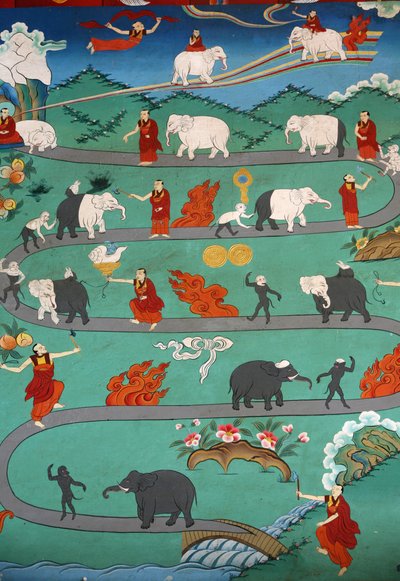 Cuento del elefante blanco en el monasterio de Kopan, Katmandú, Nepal de Unbekannt