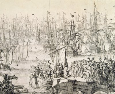 Guillermo de Orange zarpando hacia Inglaterra en noviembre de 1688 (grabado) de Unbekannter Künstler