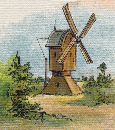 Molino de viento. Grabado en "Alphabet de ma petite fille". Bernardin-Bechet y Fils, libreros-editores, París, alrededor de 1895. Álbum irrompible sobre lienzo. Biblioteca de Bebés. 12 páginas. Álbum que contiene un método de lectura y un abecedario ilustr de Unbekannt