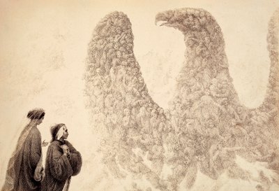 Dentro de la Esfera de Júpiter, Dante ve a los espíritus benditos disponerse en forma de águila, símbolo del Imperio. Ilustración del Canto XVIII del Paradiso de La Divina Comedia de Dante Alighieri. Obra de Francesco Scaramuzza dedicada al Mun de Unbekannter Künstler