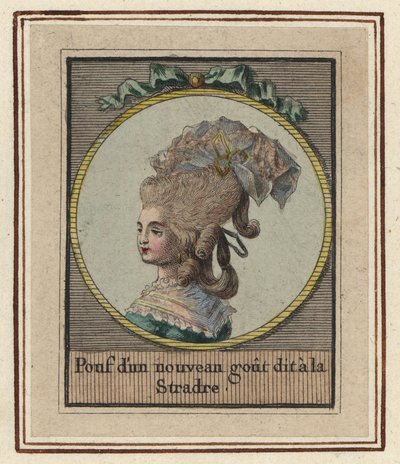 Mujer en un nuevo estilo de puf llamado Stradre. Puf con un nuevo gusto llamado el Stradre. Grabado en cobre coloreado a mano por un artista desconocido de un Álbum de peinados de moda de 1783, Suite des Coeffures a la Mode en 1783, Enauts et Rapilly, Pari de Unbekannter Künstler