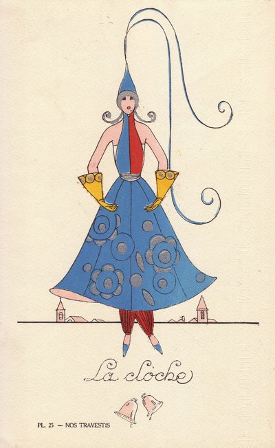 Mujer con disfraz de campana, la bell, con sombrero en forma de campana, vestido y guantes, y campanarios al fondo. Litografía de autor desconocido coloreada a mano con plantilla de "Nos Travestis" (Nuestros disfraces), París. de Unbekannter Künstler