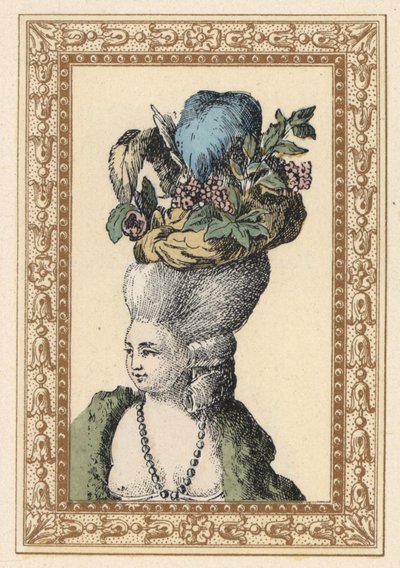 Mujer peinada con gorro decorado con uvas y plumas llamado Racy Cap en un Parque Inglés. Gorro galante en un parque inglés. Litografía coloreada a mano por de Laubadere de la obra de Octave Uzane Stylish Hairstyle or Eccentric Finery de la época de de Unbekannter Künstler