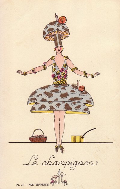 Mujer con disfraz de seta, le mushroom, sombrero y vestido en forma de seta, decorado con caracoles y flores. Litografía de autor desconocido coloreada a mano con plantilla de "Nos Travestis" (Nuestros disfraces), París. de Unbekannter Künstler