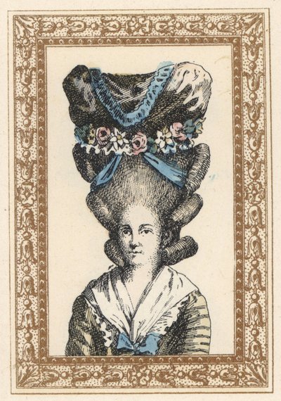 Mujer con sombrero a la Gabrielle Vergy, atado con cintas y guirnaldas de flores. Sombrero a la Gabrielle Vergy, inspirado en la tragedia de Dormont De Belloyd de 1777. Litografía coloreada a mano por de Laubadere a partir de la obra de Octave Uzane Stylis de Unbekannter Künstler